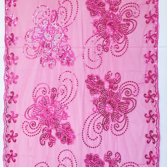 Womens Pink Mesh Sequin Metallic Party Prom Wedding Shawl Scarf With Fringe - Picture 3 of 11